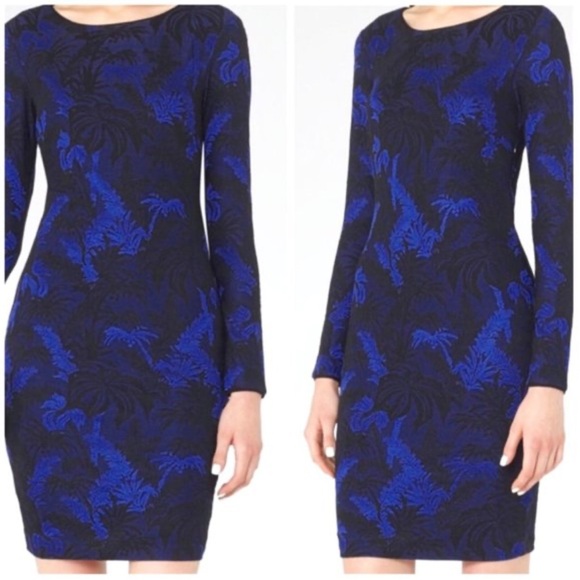 NWT Reiss Saffina Blue Jacquard Bodycon Jersey Dress Size